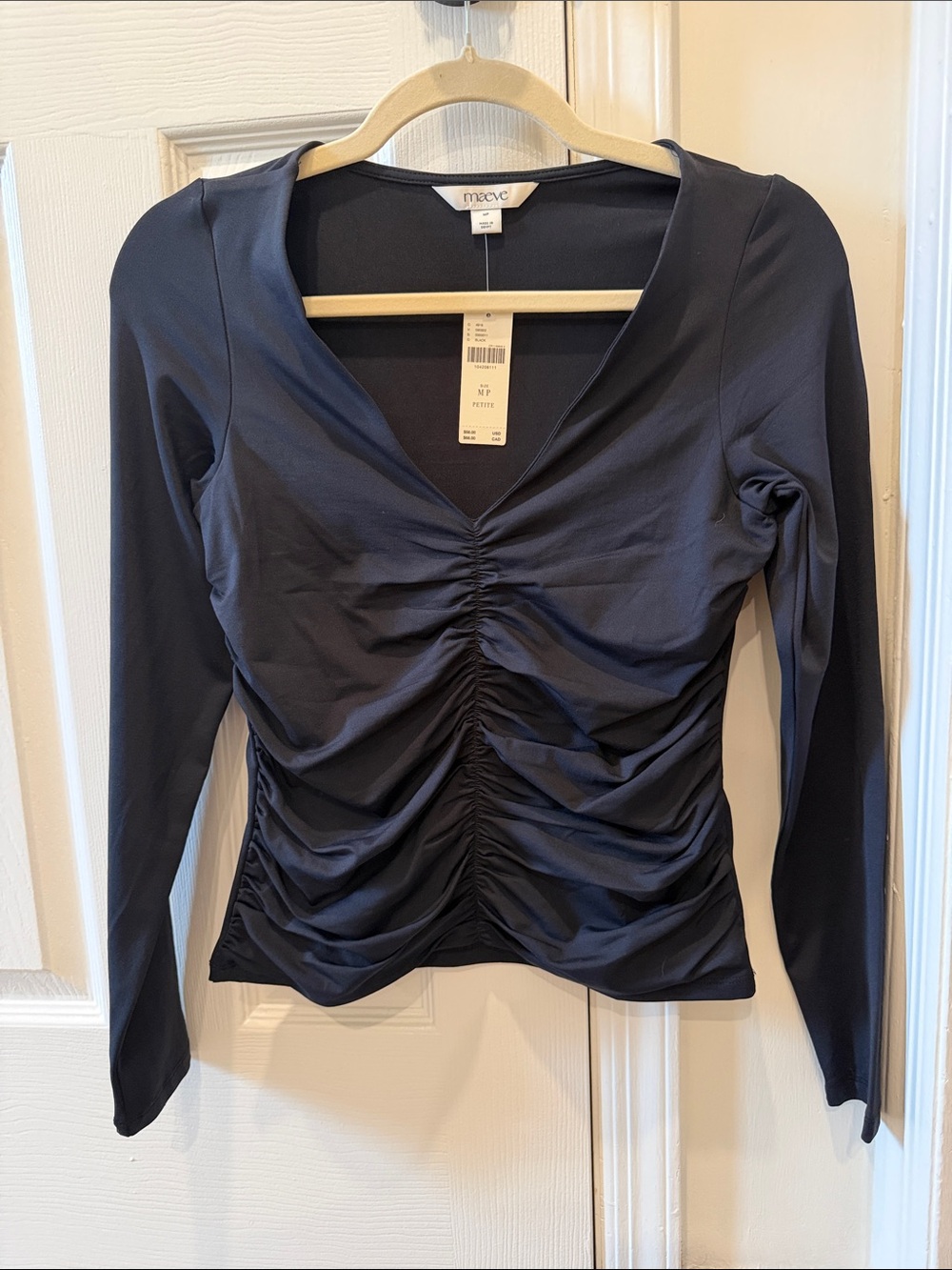 Maeve Navy Long-Sleeve Ruched V-Neck Top
